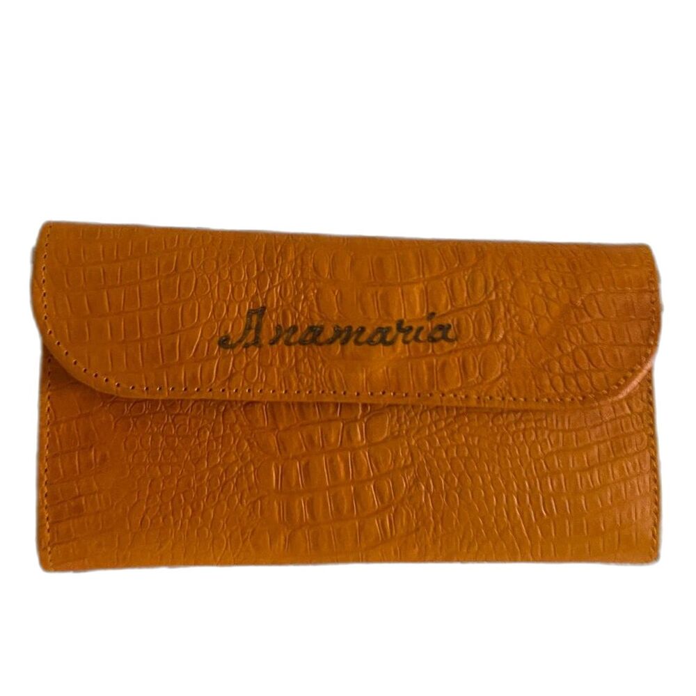 Mandarin Orange Croc Leather Long Wallet Anamaria Handcrafted Handmade Leather G